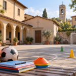 Illustrazione di un cortile di oratorio con palloni e materiali educativi pronti per le attività sportive