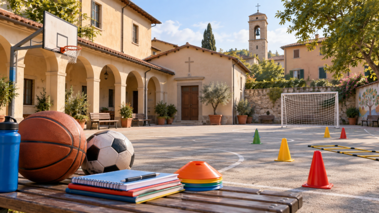 Illustrazione di un cortile di oratorio con palloni e materiali educativi pronti per le attività sportive