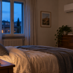 Camera da letto serale con climatizzatore spento sulla parete laterale e telecomando appoggiato sul comodino