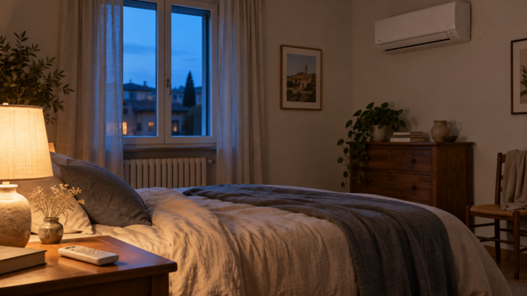 Camera da letto serale con climatizzatore spento sulla parete laterale e telecomando appoggiato sul comodino