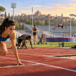 Atleti anonimi in allenamento su una pista con attrezzi di discipline sportive diverse