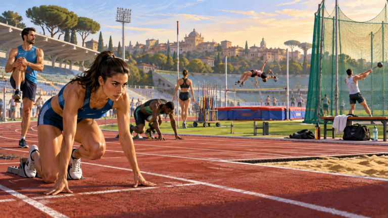 Atleti anonimi in allenamento su una pista con attrezzi di discipline sportive diverse