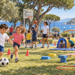 Illustrazione di persone di età diverse che provano attività sportive in un parco vicino al mare
