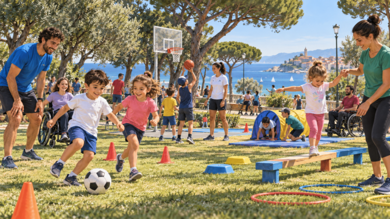 Illustrazione di persone di età diverse che provano attività sportive in un parco vicino al mare