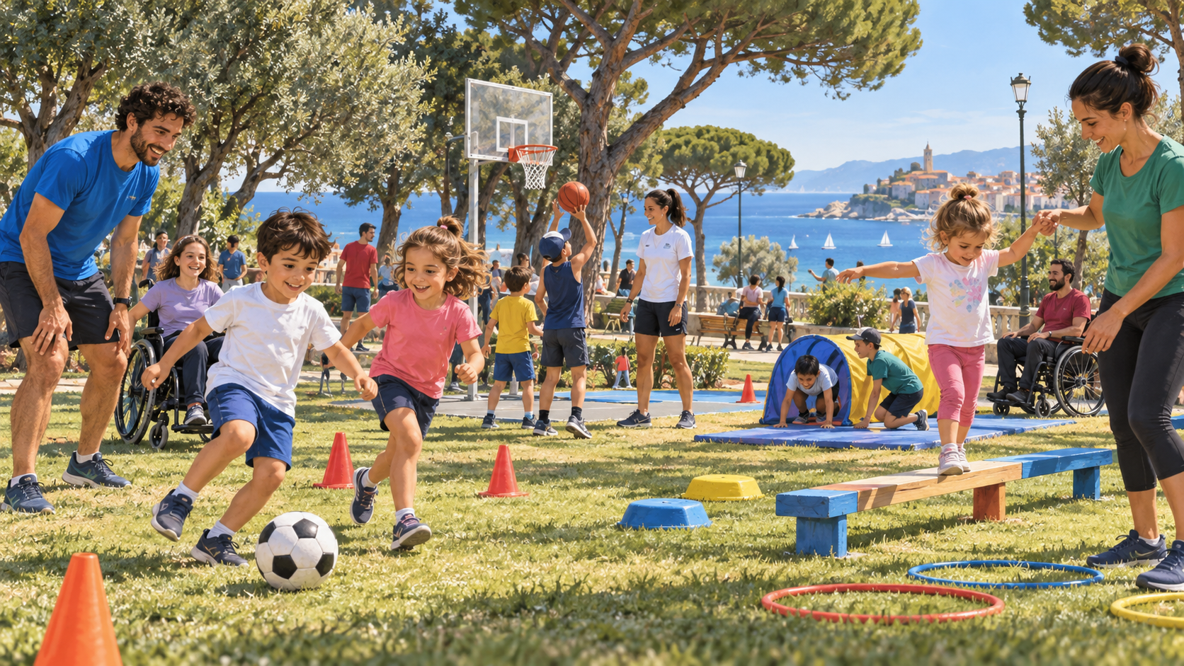 Illustrazione di persone di età diverse che provano attività sportive in un parco vicino al mare