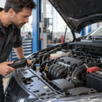 Meccanico con strumento diagnostico osserva il vano motore aperto e la batteria di un’auto in officina.