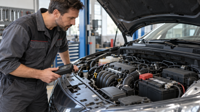 Meccanico con strumento diagnostico osserva il vano motore aperto e la batteria di un’auto in officina.