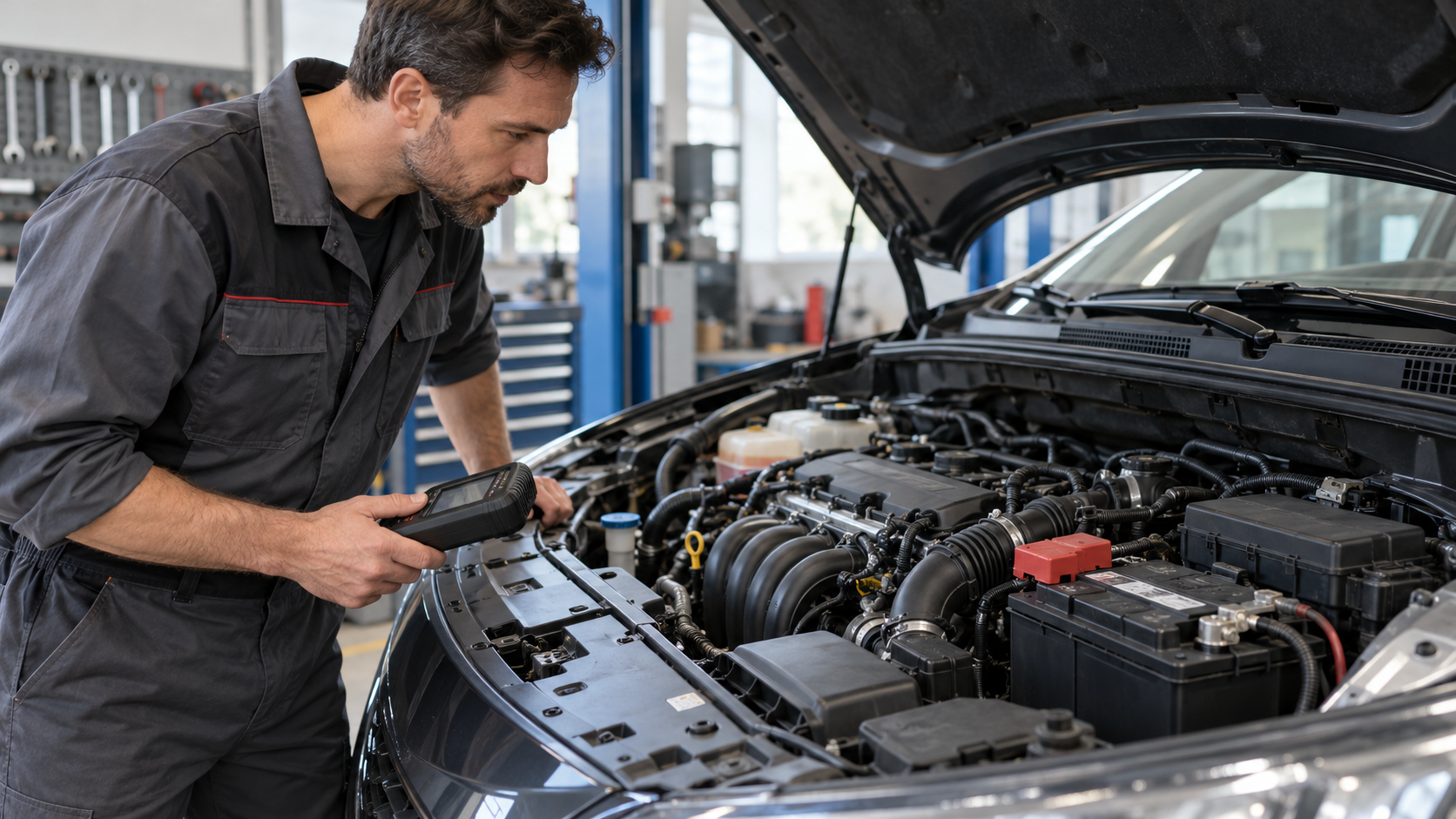 Meccanico con strumento diagnostico osserva il vano motore aperto e la batteria di un’auto in officina.