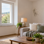 Soggiorno con finestre moderne e una piccola zona di muffa sulla parete esterna lontana dal telaio