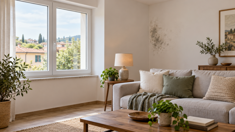 Soggiorno con finestre moderne e una piccola zona di muffa sulla parete esterna lontana dal telaio