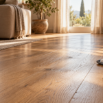 Parquet in rovere con lievi aloni nella luce della finestra e mop piatto in microfibra in un soggiorno