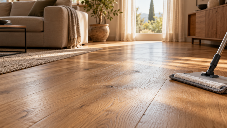 Parquet in rovere con lievi aloni nella luce della finestra e mop piatto in microfibra in un soggiorno